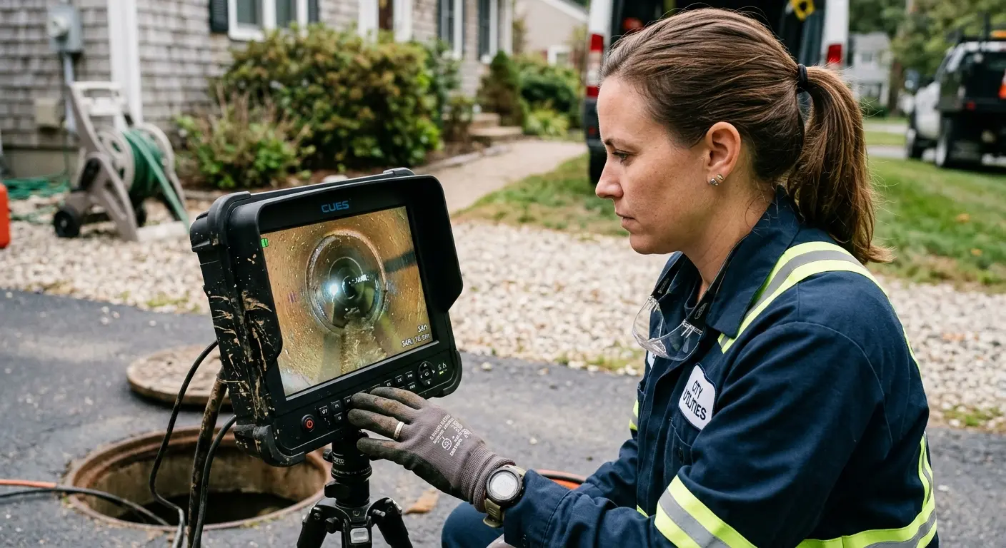 Technician reviewing sewer camera inspection footage in New Fairfield