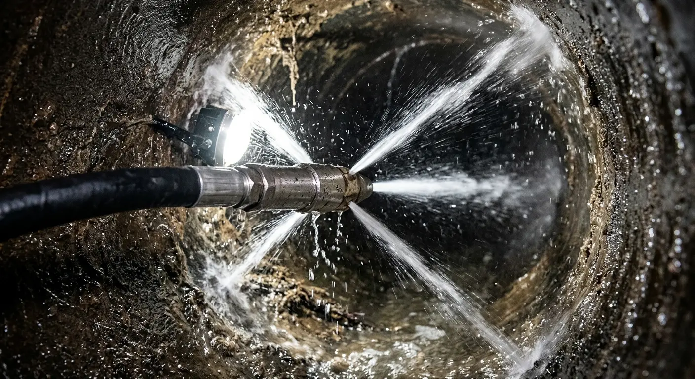High-pressure hydro jetting nozzle cleaning sewer pipe for Emergency Drain Service in New Fairfield