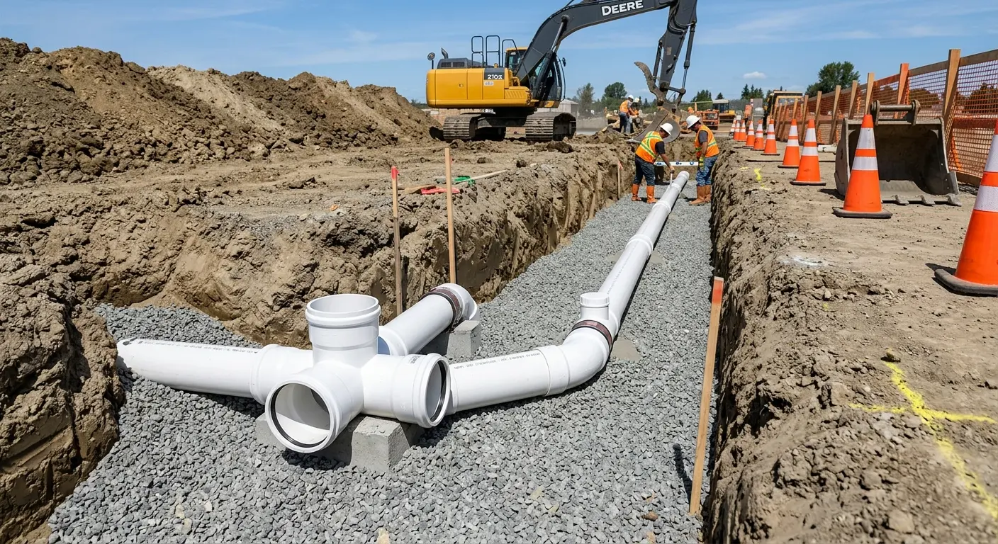 New PVC sewer pipe installation in open trench for Sewer Backup in New Fairfield