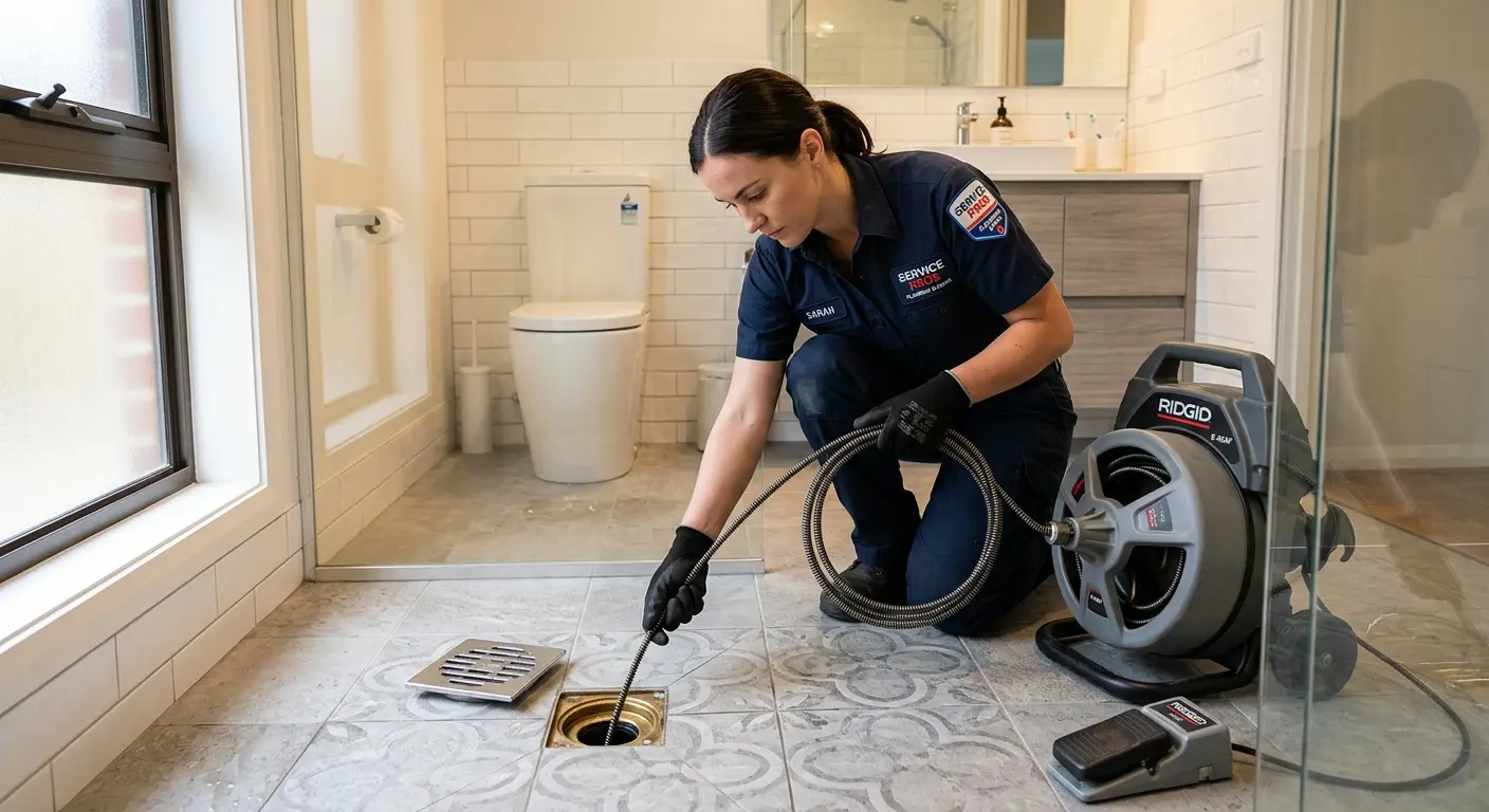 Technician clearing a bathroom floor drain for Sewer Line Replacement in New Fairfield